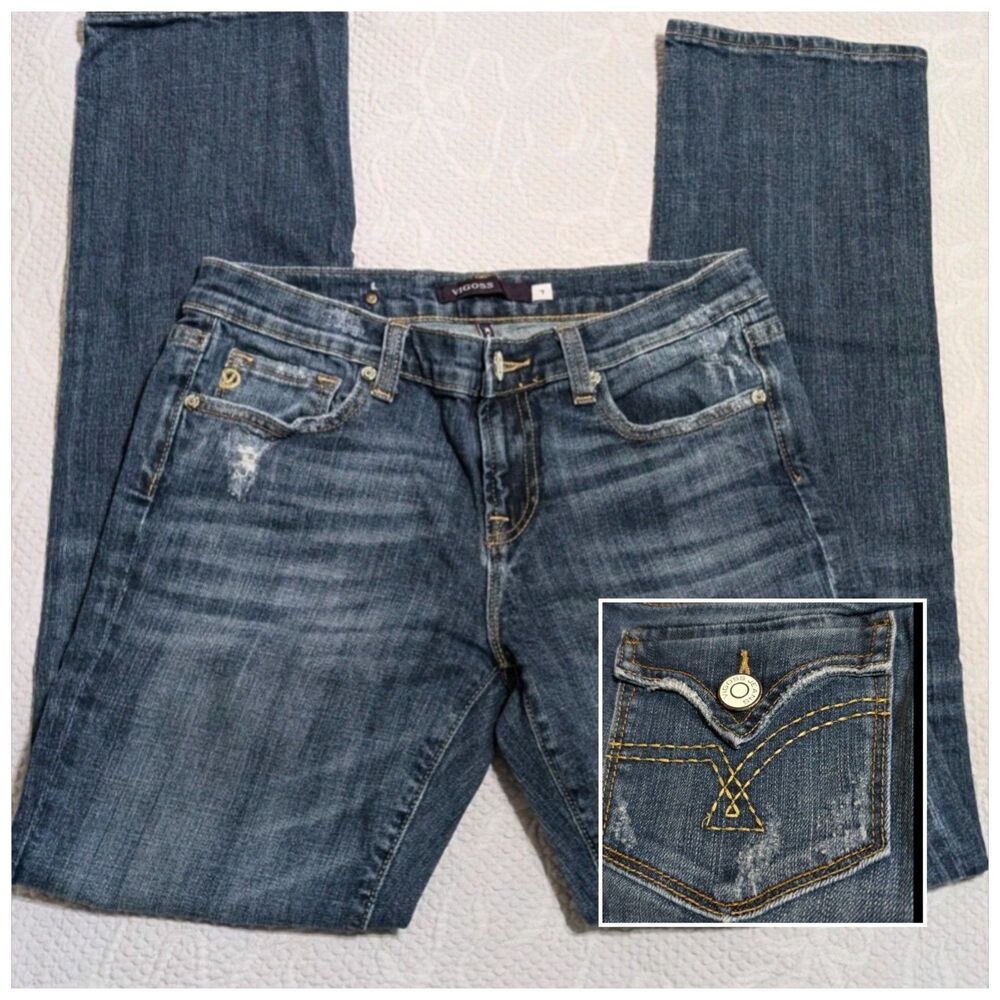 Vigoss Distressed Womens Size 7 Jeans Low Rise (Fit 29X30) Stretch Flap Pockets